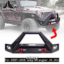 For 2007-2018 Jeep Wrangler JK JKU Front Bumper with LED Lights Winch Plate Steel