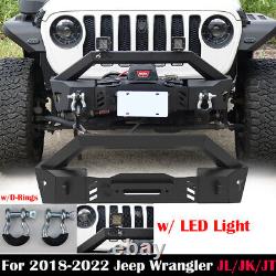 For 2018-2022 Jeep Wrangler JL JK JT Front Bumper Steel & 2 D-Rings with LED Light