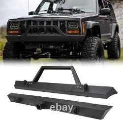 Front & Rear Bumper Winch Mount Plate Set For 1984-2001 Jeep Cherokee XJ Black